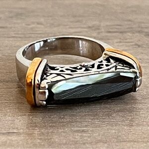 Modern Faceted Hematite Gemstone in 18 KGE Silver and Gold Ring - Size 6 - 6.5